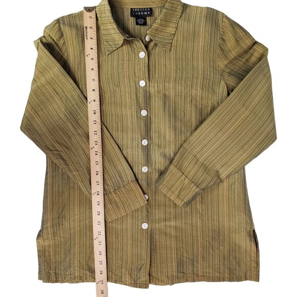 VTG Y2K Spenser Jeremy Silk Striped Button Up Tunic Top Womens L Olive Green - Picture 11 of 11